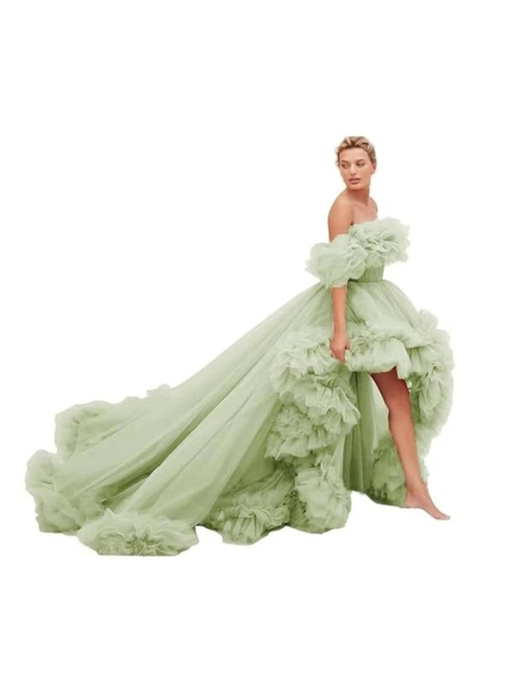 NWT High Low Tulle Prom Ruffle Long Ball Gown Off Shoulder Dress Sz 2 Sage Green